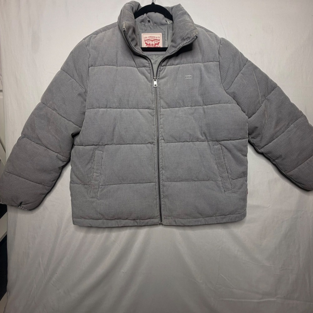 Levi's Puffer Jacket XL Grey Corduroy Quilted Full Zip Padded Coat